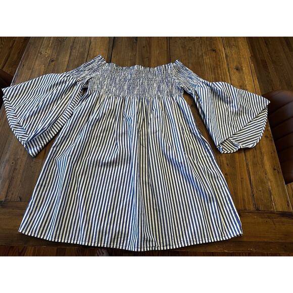 Zara Off the Shoulder Blue White Stripe Smocked Top Bell Sleeve Size Small - Picture 1 of 6